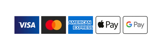 Visa, Mastercard, American Express, Apple Pay, and Google Pay